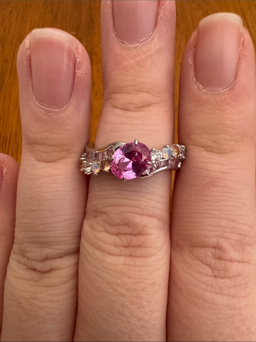 Silver Ring with Pink Center Stone and Accent Gems - Women Jewelry